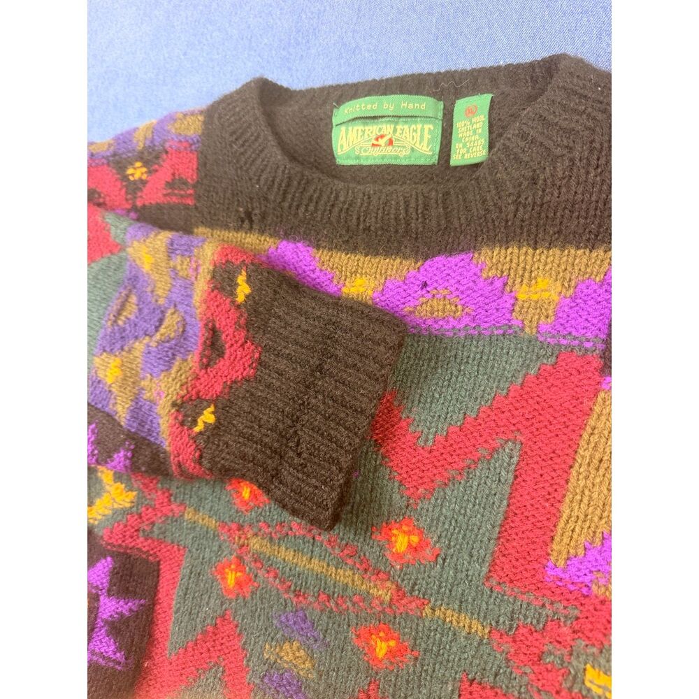 Vintage American Eagle Sportswear Shetland Wool Hand Knit Geometric Sweater M